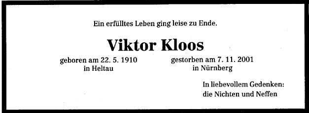 Kloos Viktor 1910-2002 Todesanzeige